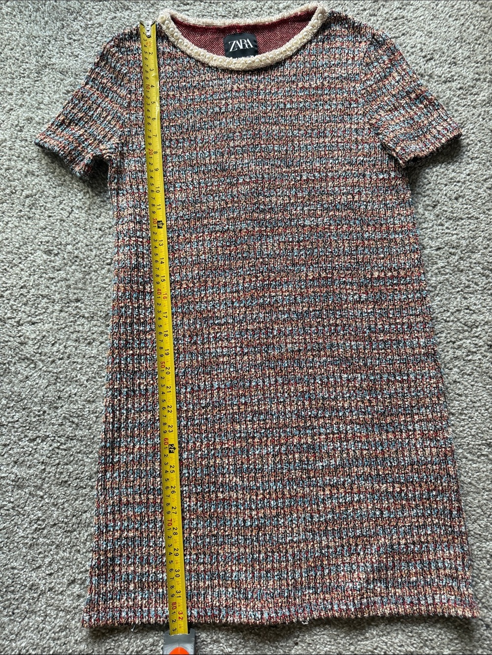 Zara Multicolor Tweed Short-Sleeve Shift Dress with Cream Neckline Pearl Size S - Picture 5 of 7